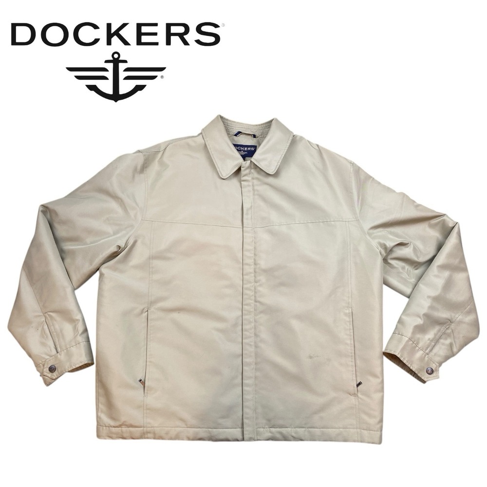 Dockers Jacket Windbreaker Men XL Tan Golf Stain Defender Full Zip Lined